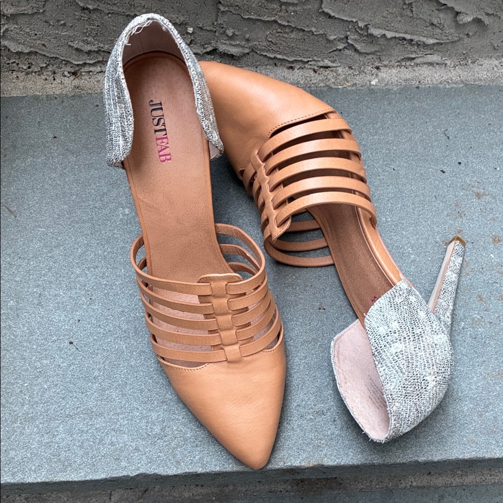 JustFab Tan Front and Snakeskin Back 4.5”Stiletto Heels Closed Toe Worn 1X 10